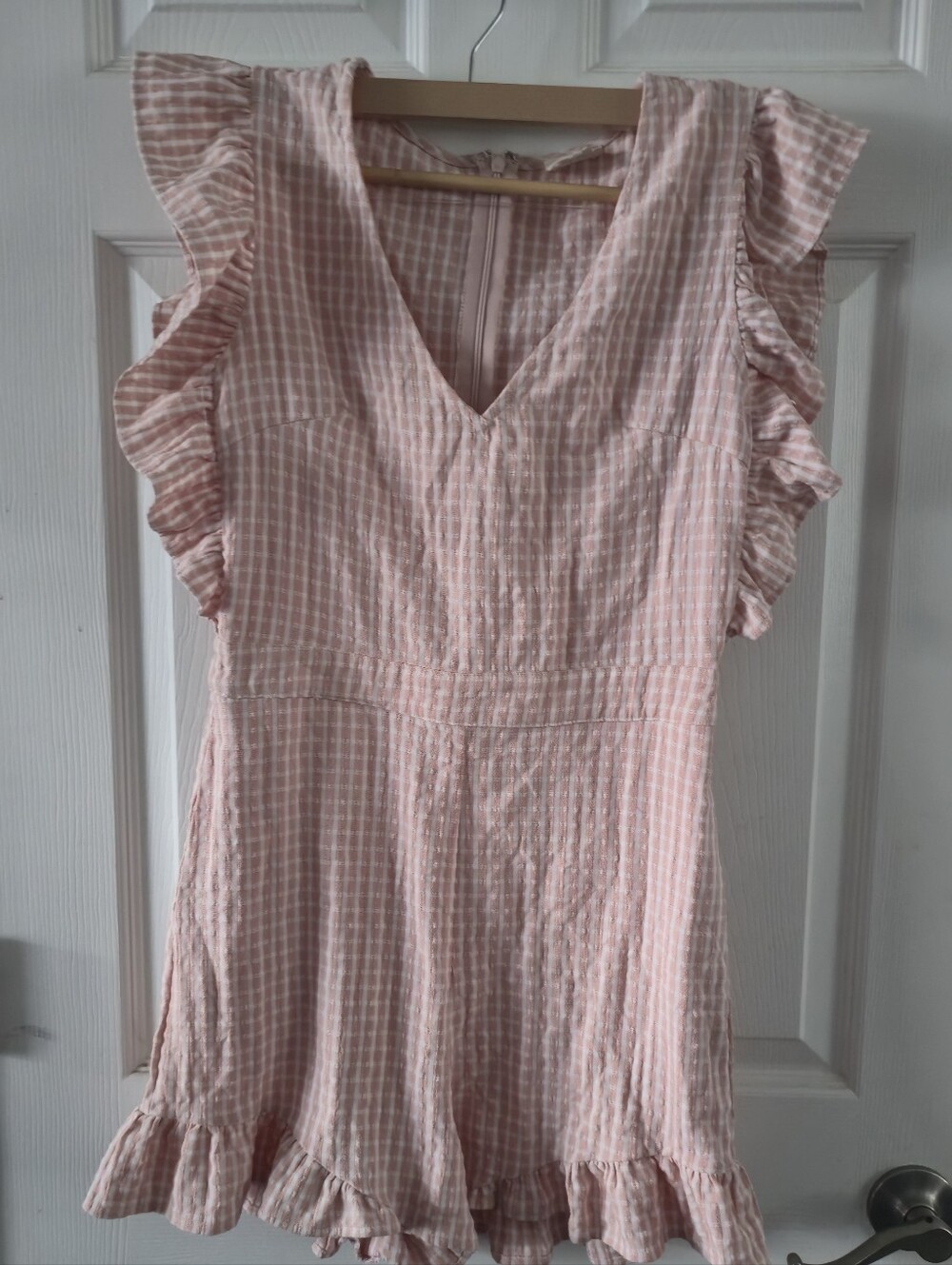 Peach Love California Pink Gingham Ruffle Romper